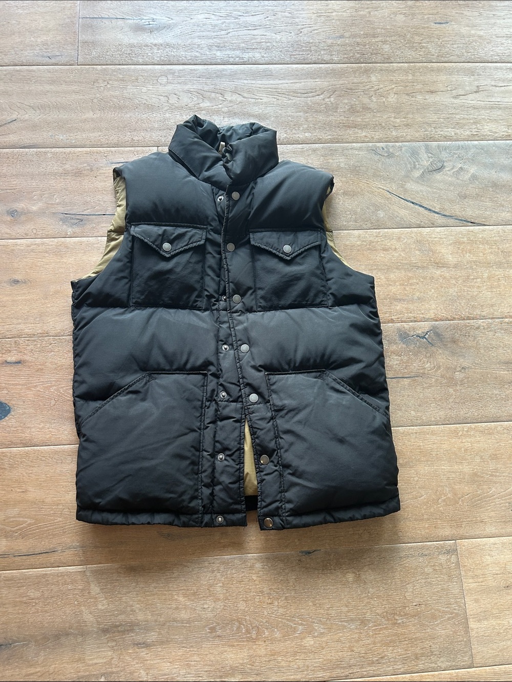 J. Crew Black Puffer Vest with Khaki Trim